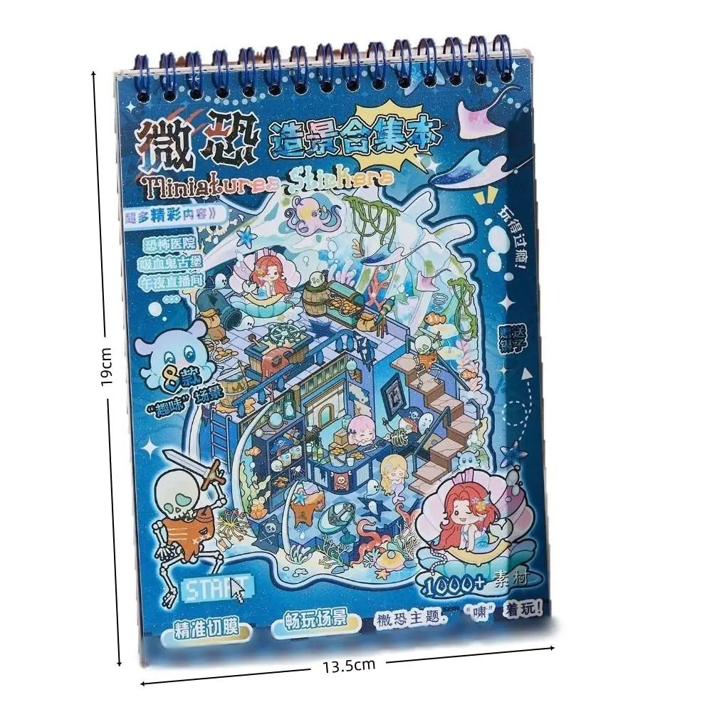 A spiral-bound sticker book featuring spooky 3D scenes and illustrations for creative kids.
