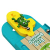 A mini frog bowling game set featuring a green frog on a yellow bowling pin placed on a blue base.