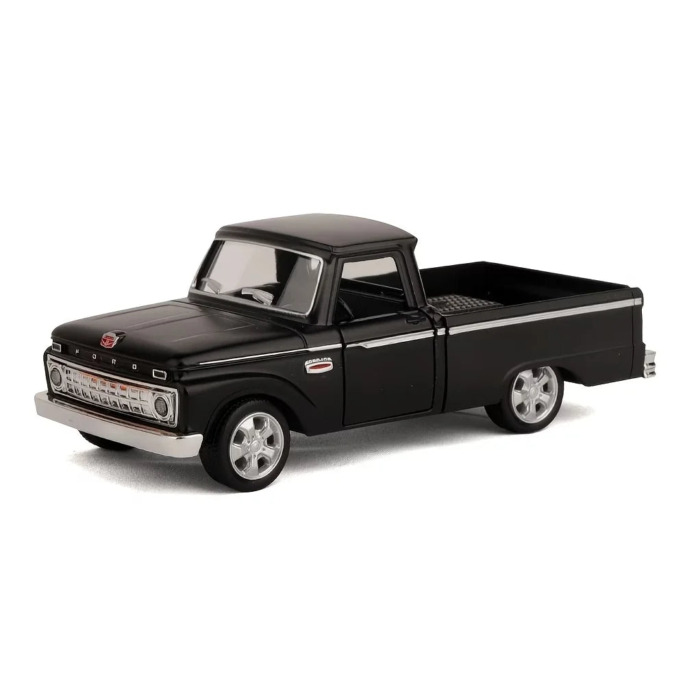 A black Ford F-100 pickup truck diecast model car in a pickup configuration.