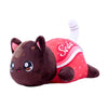 A brown plush cat doll with white ears and a pink soda-themed accessory on its back.