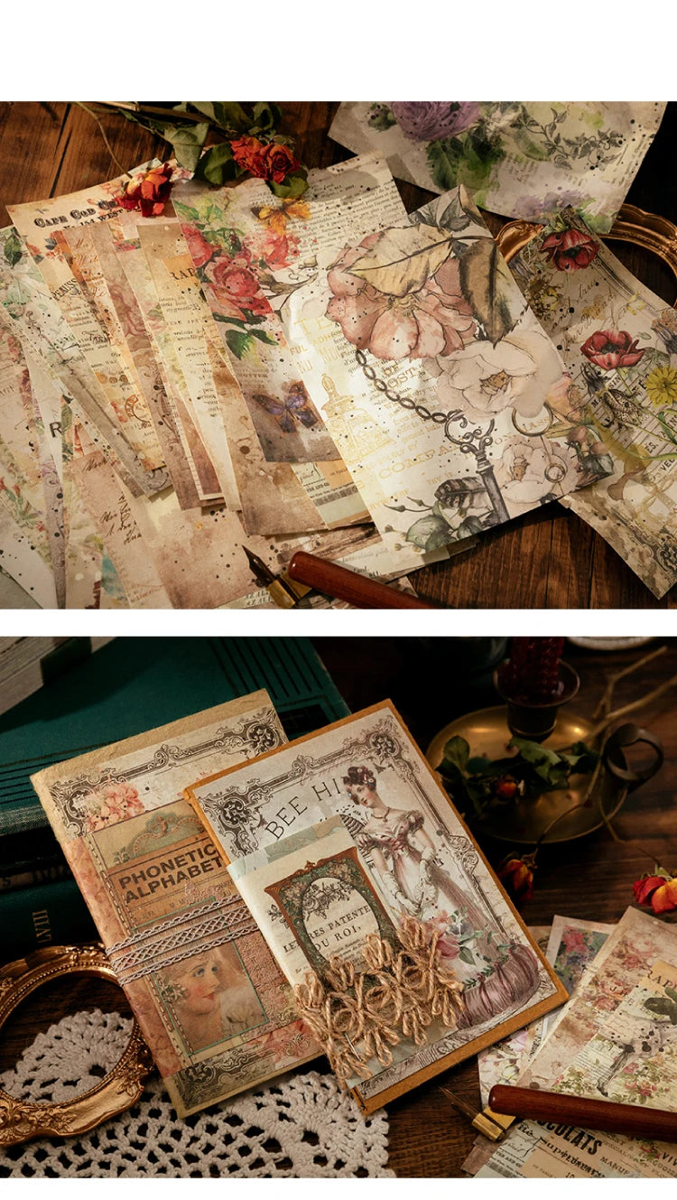 A collection of vintage scrapbook paper sheets featuring floral and botanical designs for crafting.