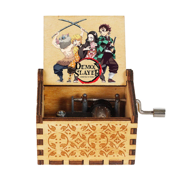 Hand-Cranked Wooden Music Box – Demon Slayer Carved Design