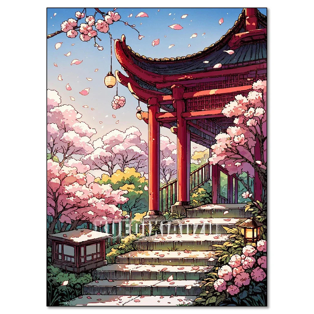Cherry Blossom Tower Diamond Painting Kit – DIY 5D Wall Art for Adults