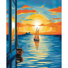 A painting of a sunset over the ocean with sailboats reflected on the water.