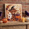 A framed canvas featuring a detailed illustration of a witch's owl and a pumpkin, suitable for a DIY Halloween pearl diamond 