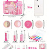 A set of pink pretend makeup cosmetics including various shades and tools for girls