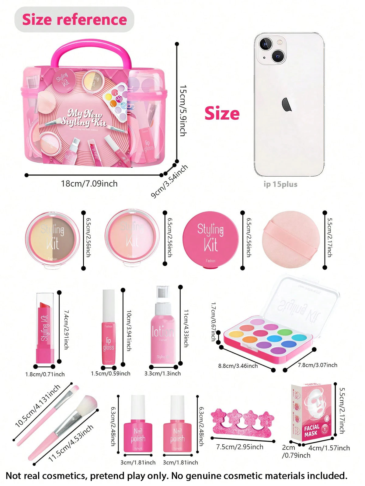 A set of pink pretend makeup cosmetics including various shades and tools for girls