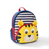 A yellow tiger-themed backpack with blue and white stripes and orange accents.