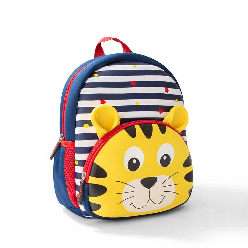 A yellow tiger-themed backpack with blue and white stripes and orange accents.