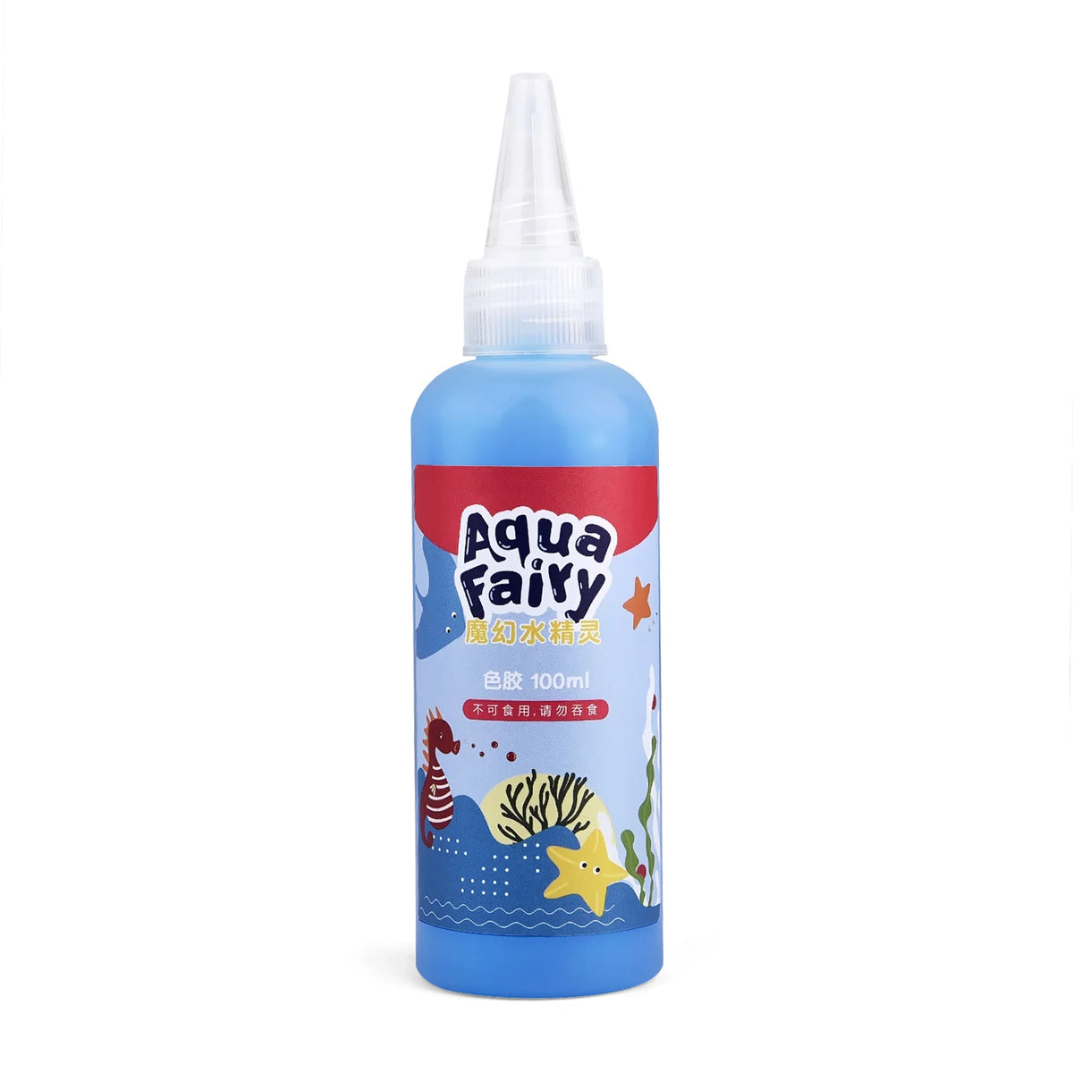 A bottle of Aqua Fairy liquid in a blue plastic container with a clear dropper top.