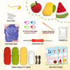 A crochet kit featuring yarn, needles, and accessories for making fruit shapes like watermelon and pineapple.