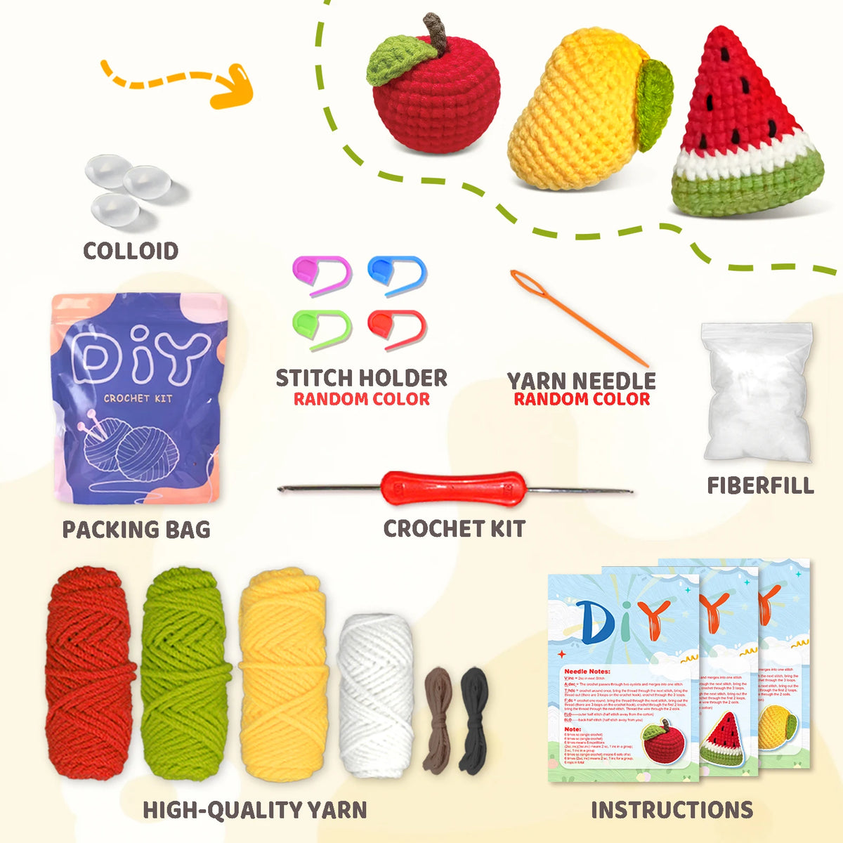 A crochet kit featuring yarn, needles, and accessories for making fruit shapes like watermelon and pineapple.