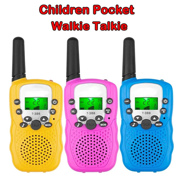 A set of three children's pocket walkie talkie radios in yellow, pink, and blue.