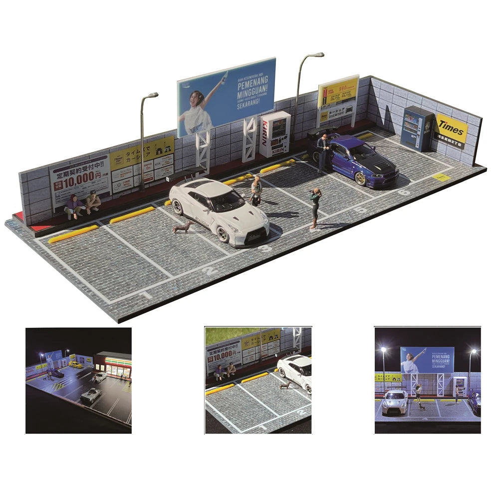 A 1:64 scale LED miniature car garage diorama showing a parked white car in a parking lot setting.