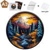 A circular jigsaw puzzle depicting a mountain landscape with trees and water, along with wood puzzle pieces and a wall mounti
