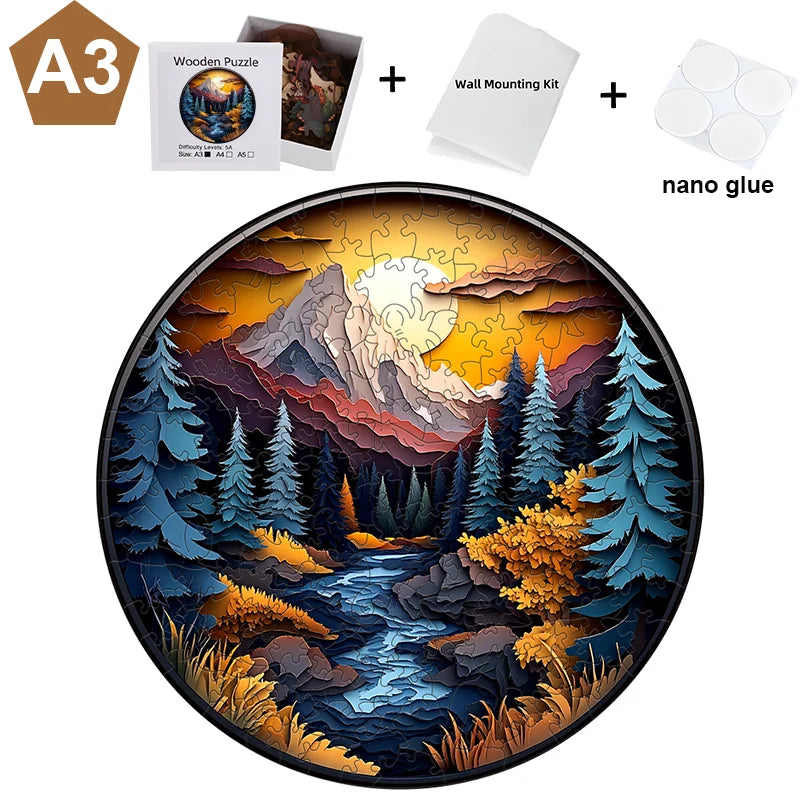 A circular jigsaw puzzle depicting a mountain landscape with trees and water, along with wood puzzle pieces and a wall mounti