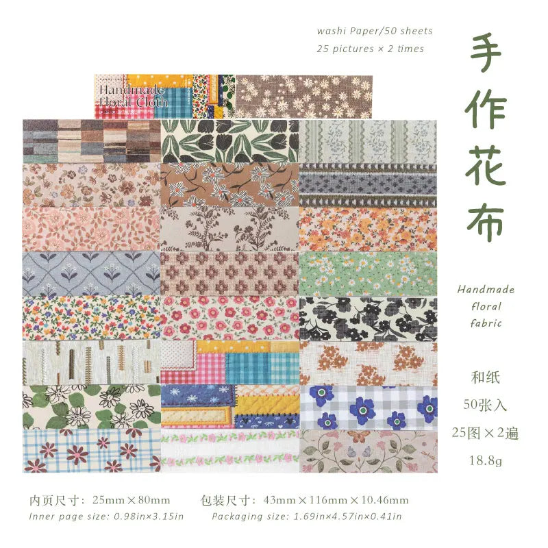 A grid of handmade floral fabric patterns and decorative stickers on washi paper sheets
