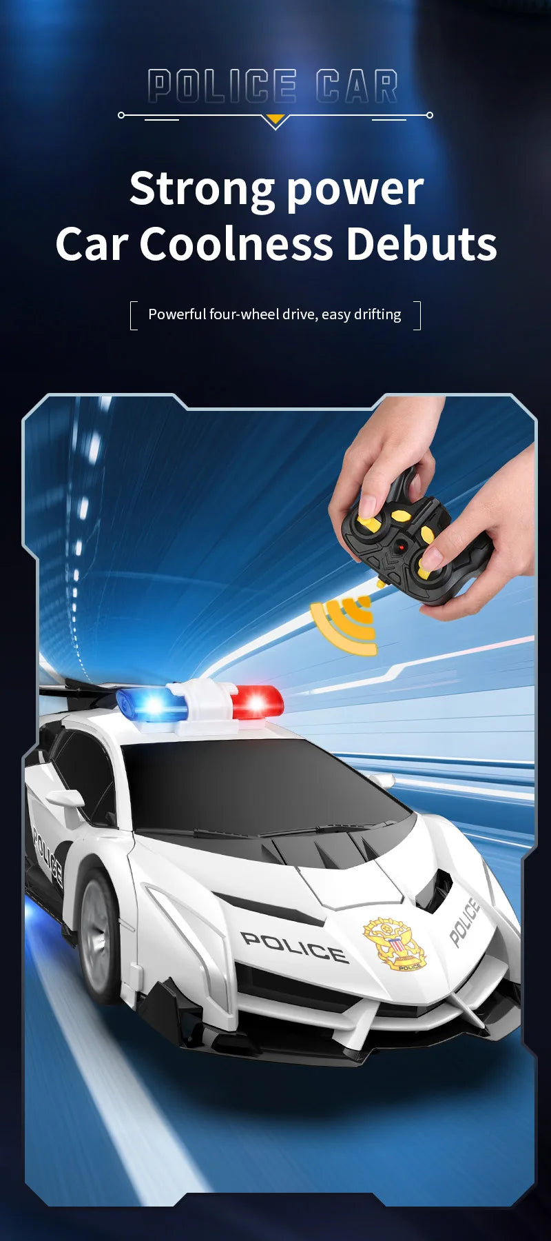 Une voiture de police blanche roule sur une route avec des lumières bleues, et une main tient une voiture télécommandée noire