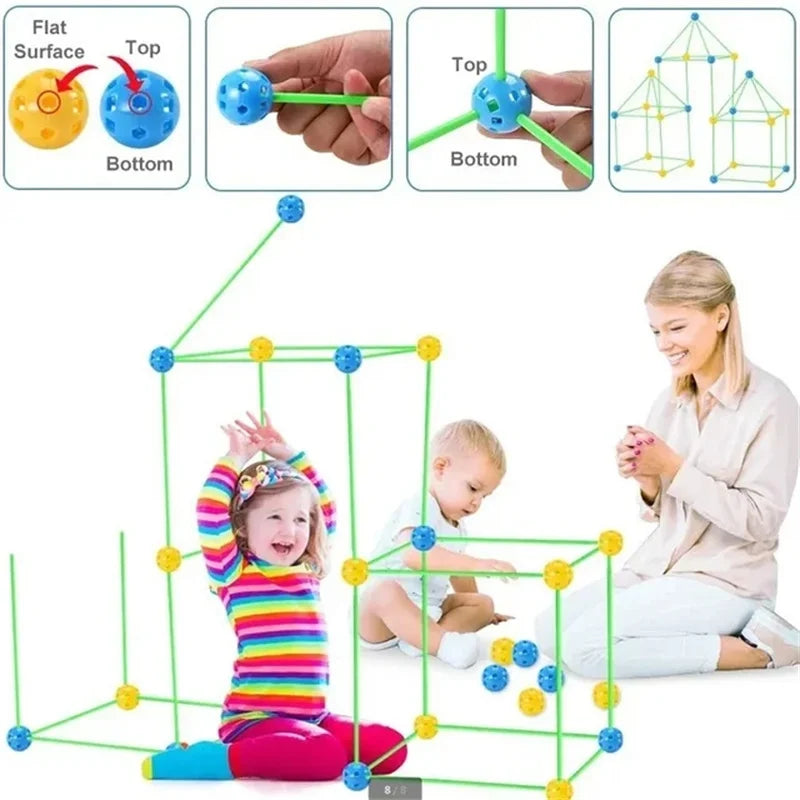 A set of creative building blocks and a play house structure for children, shown with various components and a child interact