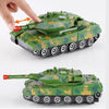 A detailed model of a green and brown camouflage tank playset with a cannon, shown from above.
