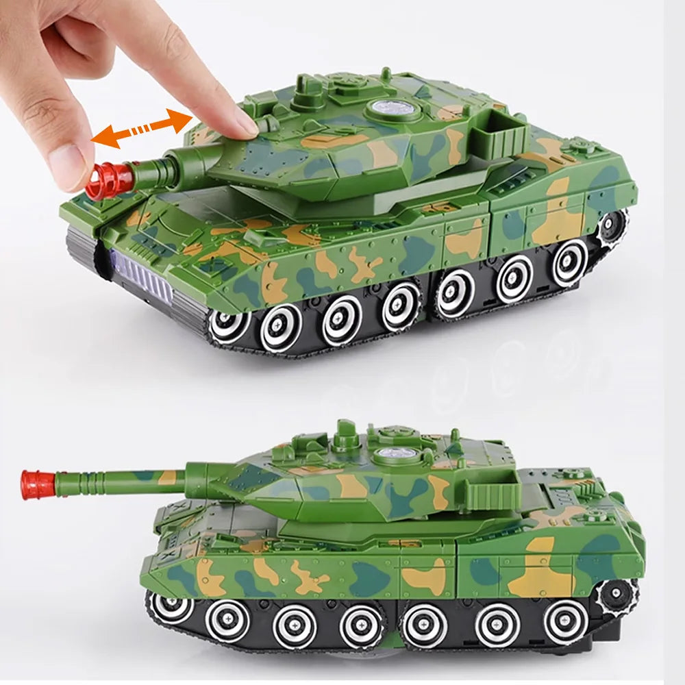 A detailed model of a green and brown camouflage tank playset with a cannon, shown from above.
