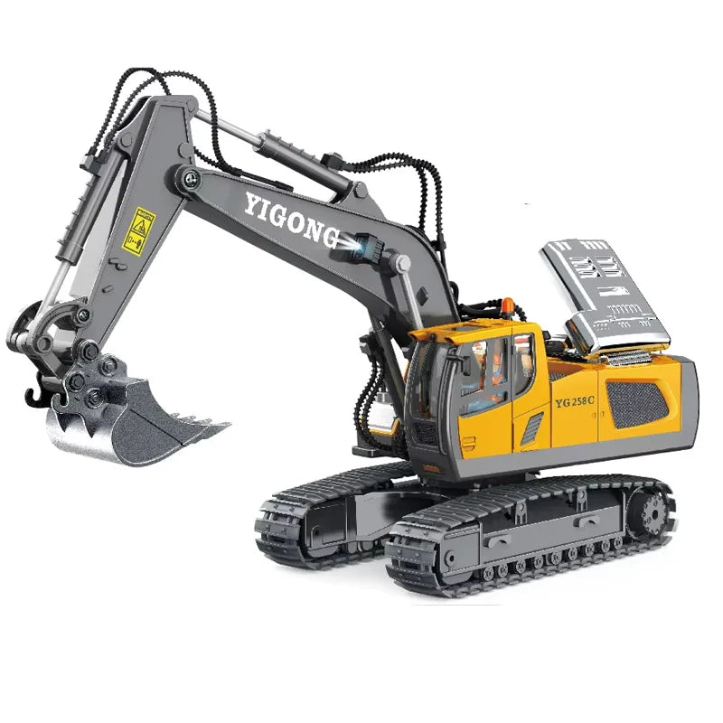 A yellow YIGONG excavator truck with a hydraulic arm is shown in a side view.