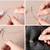 Close-up images showing ultra-fine metal beading needles being used for jewelry making on red thread.