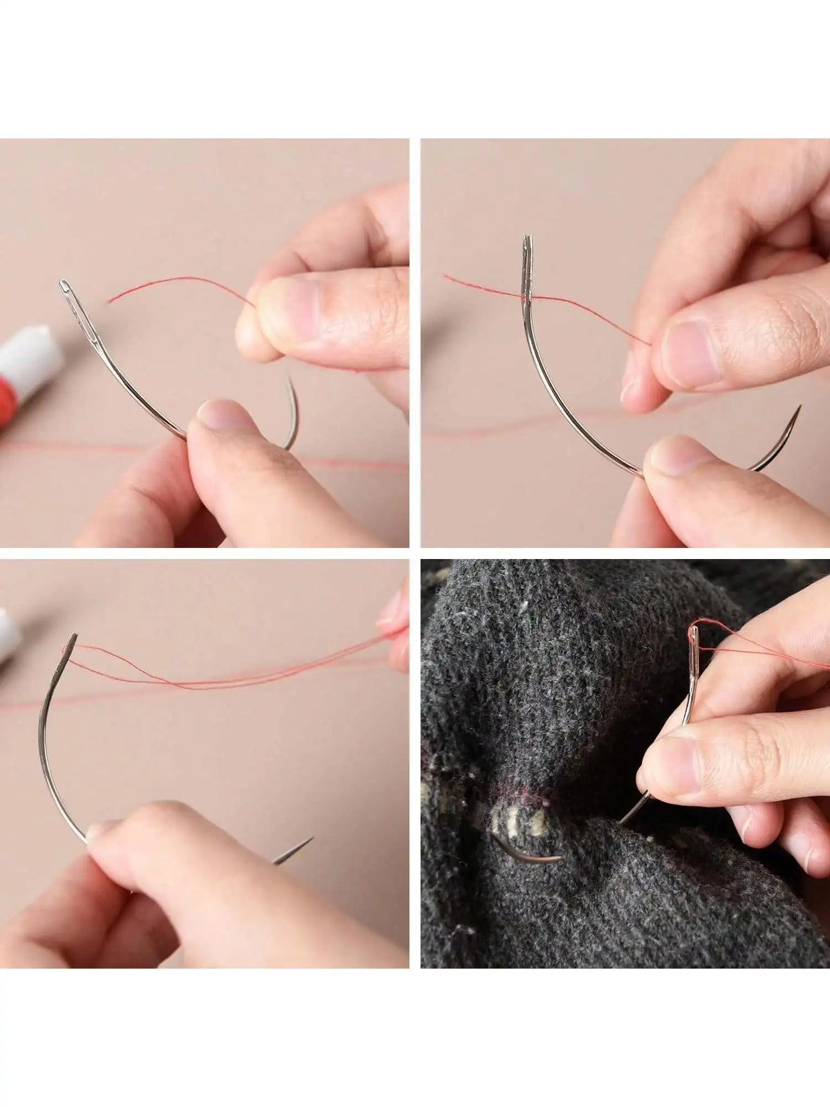 Close-up images showing ultra-fine metal beading needles being used for jewelry making on red thread.