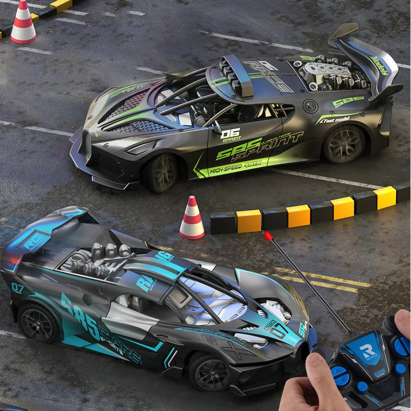 A black and green high-speed remote control drift racing car is shown on a gray surface with traffic cones.