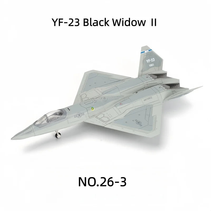 A model kit of the YF-23 Black Widow II jet in gray, shown from the side.