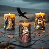 Three candles featuring witch portraits and skulls set on dark stone with a flying bird in the background.