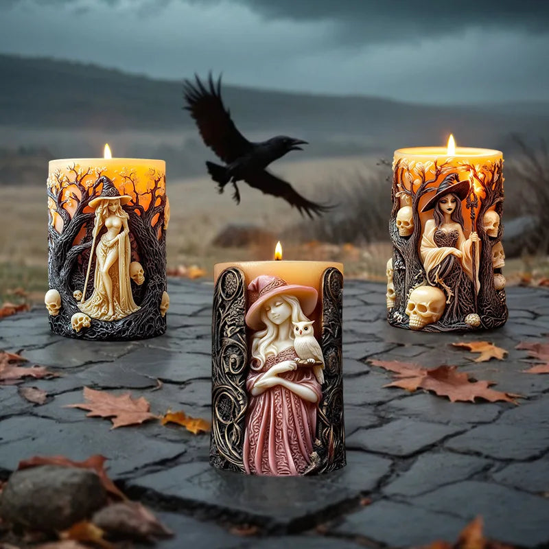 Three candles featuring witch portraits and skulls set on dark stone with a flying bird in the background.