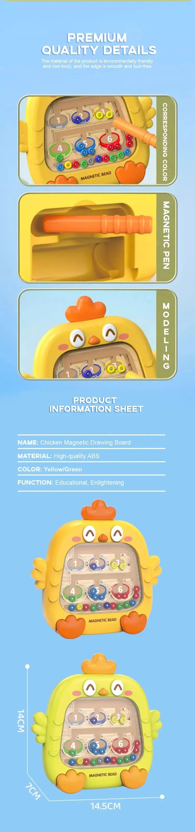 A yellow magnetic drawing board with colored beads and numbers for educational matching.