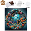 A jigsaw puzzle depicting an intricate, colorful underwater scene with various sea creatures and coral, assembled using a wal
