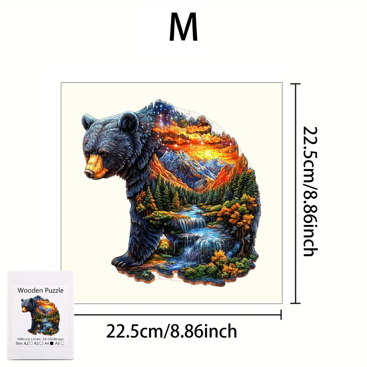 A wooden jigsaw puzzle depicting a bear in a forest landscape with vibrant colors.