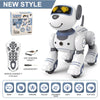 Un robot animal interactif blanc pour enfants avec télécommande et fonctions de suivi, danse et lumière.