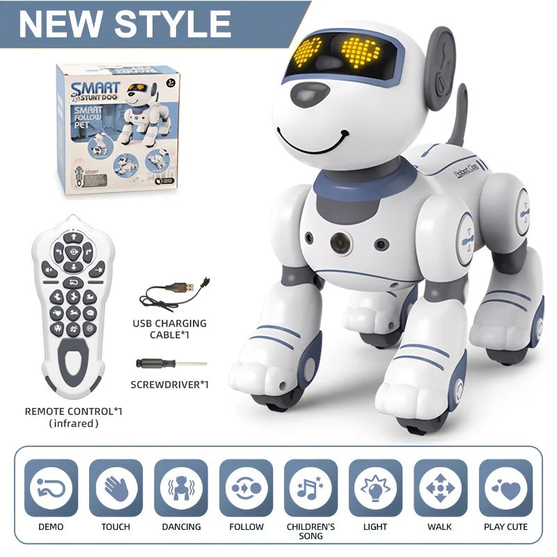 Un robot animal interactif blanc pour enfants avec télécommande et fonctions de suivi, danse et lumière.