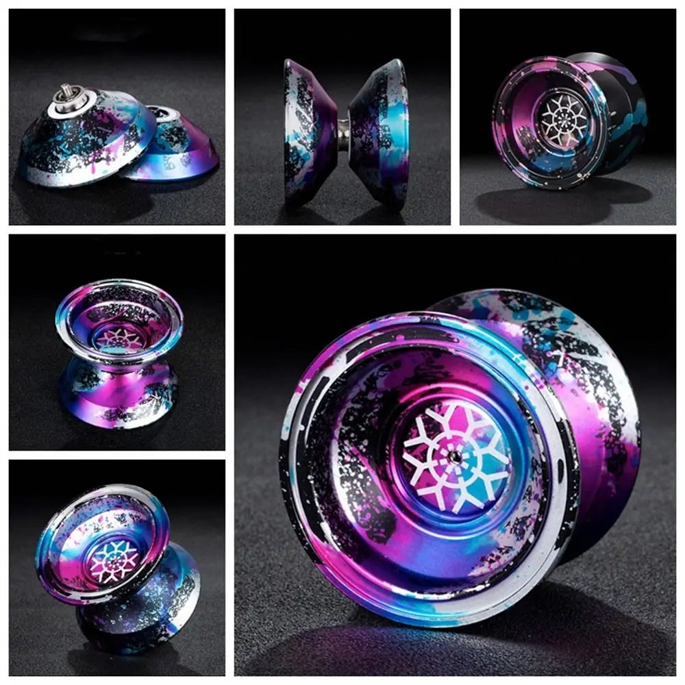 A collection of professional metal yo-yos in various iridescent and metallic colors and finishes.