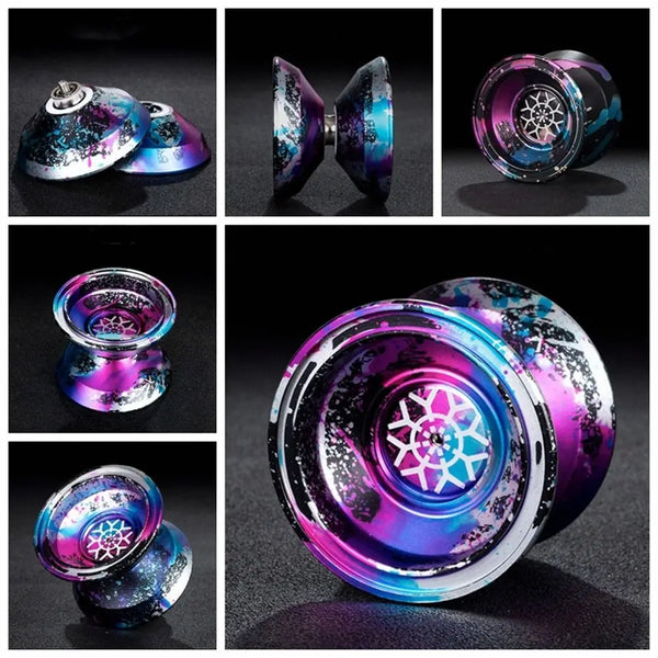 A collection of professional metal yo-yos in various iridescent and metallic colors and finishes.