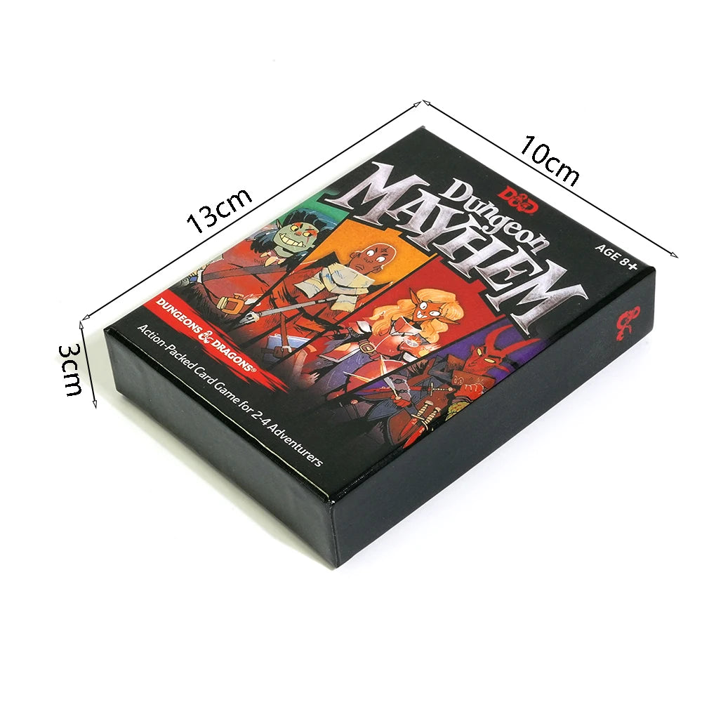 A box of Dungeons & Dragons Mayhem card game featuring monster adventures, shown from above.