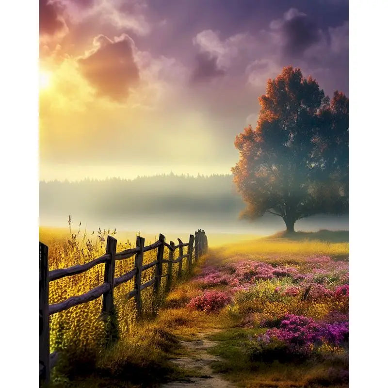 A misty field with a wooden fence and an orange-leaved tree bathed in golden light.