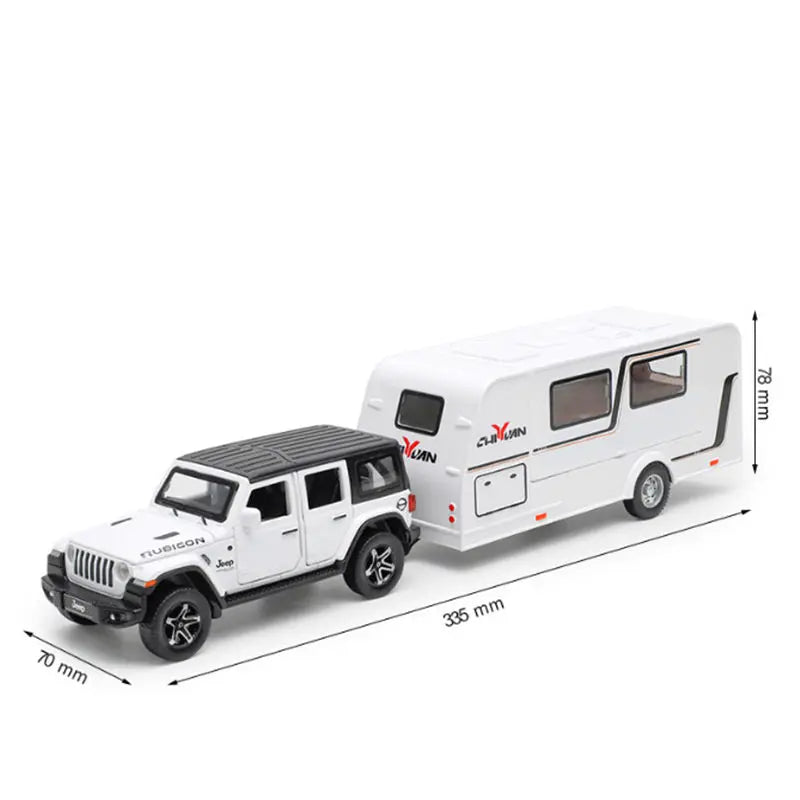 A white diecast metal RV camper truck model with sound and light features shown from the side.