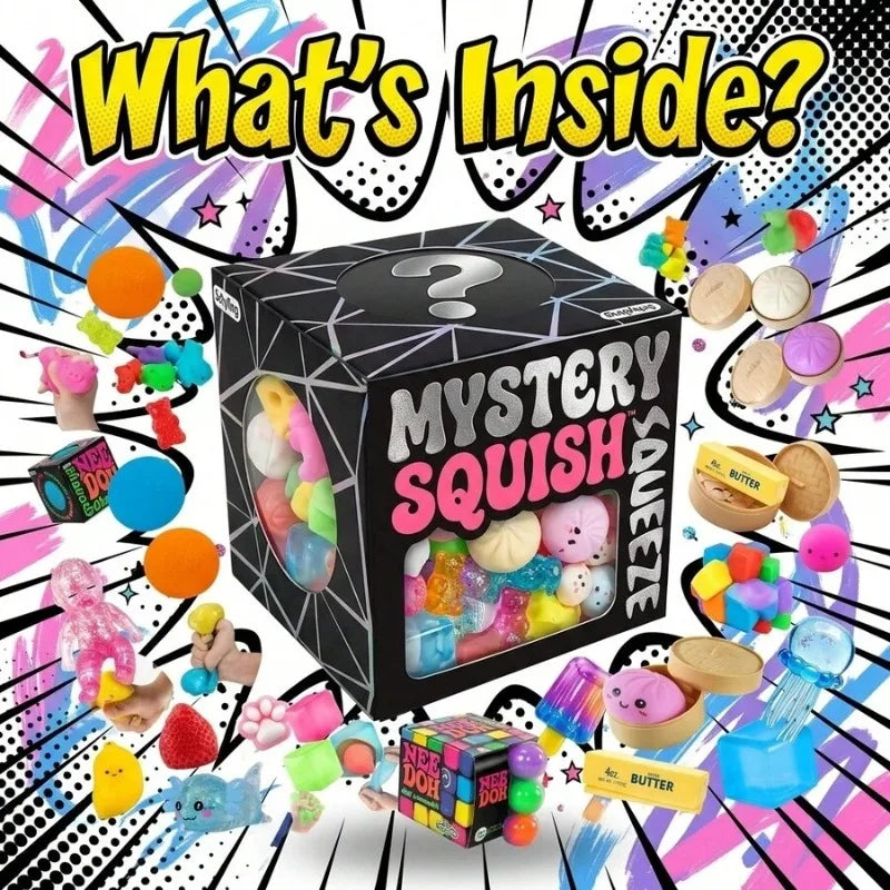 A mystery squish blind box featuring various colorful and cute squishy toys and accessories.
