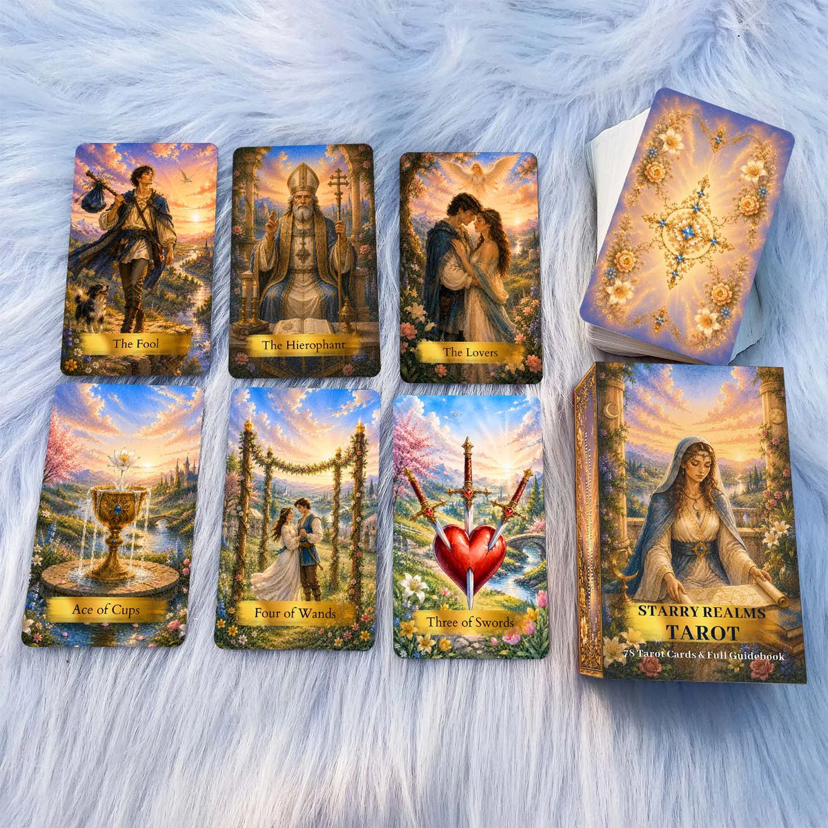 A collection of tarot cards featuring mystical imagery and gold accents displayed on a fluffy white background.