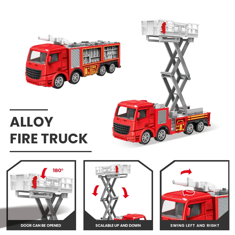 Red alloy fire truck model with ladder truck and water cannon, showing various configurations.