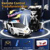 Voiture de police et robot transformable à distance, avec accessoires affichés en dessous.