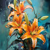 Vibrant oil painting of orange and yellow lily flowers against a teal and dark background.