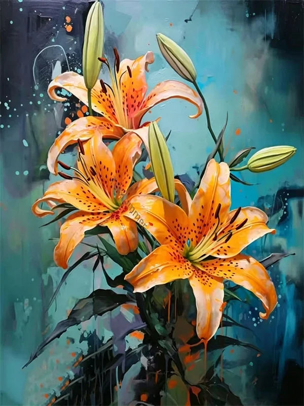 Vibrant oil painting of orange and yellow lily flowers against a teal and dark background.