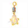 A plush hanging rattle toy with an orange loop and a yellow, round body.