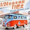 A vintage style diecast model car of a red and blue bus, titled 1/24 Alloy Model Car T11C, displayed outdoors.